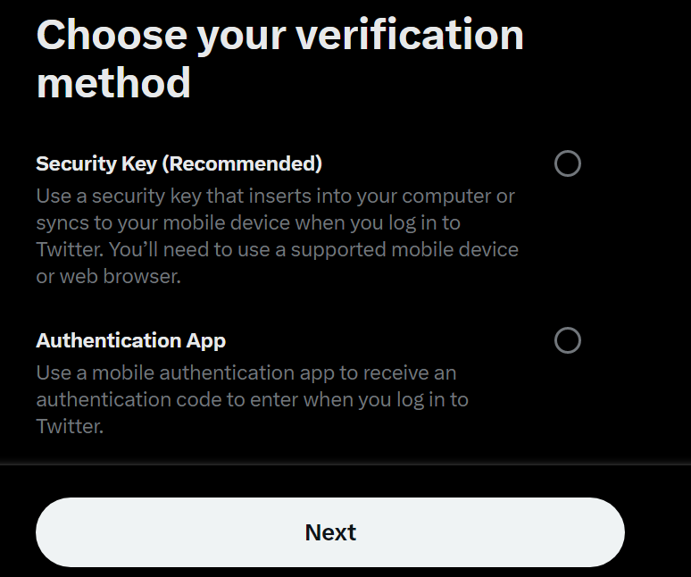 Screenshot of a Twitter pop-up asking the user to choose their verification method